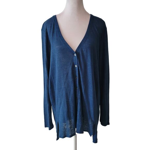 J.Jill Love Linen Size L 100% Linen Blue V-Neck Button Up Cardigan Sweater - Picture 1 of 9